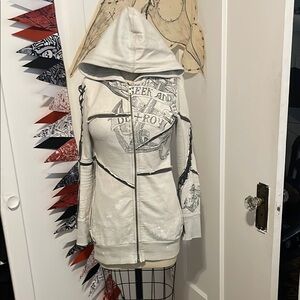 White Hooded Zip-Up Graphic Jacket